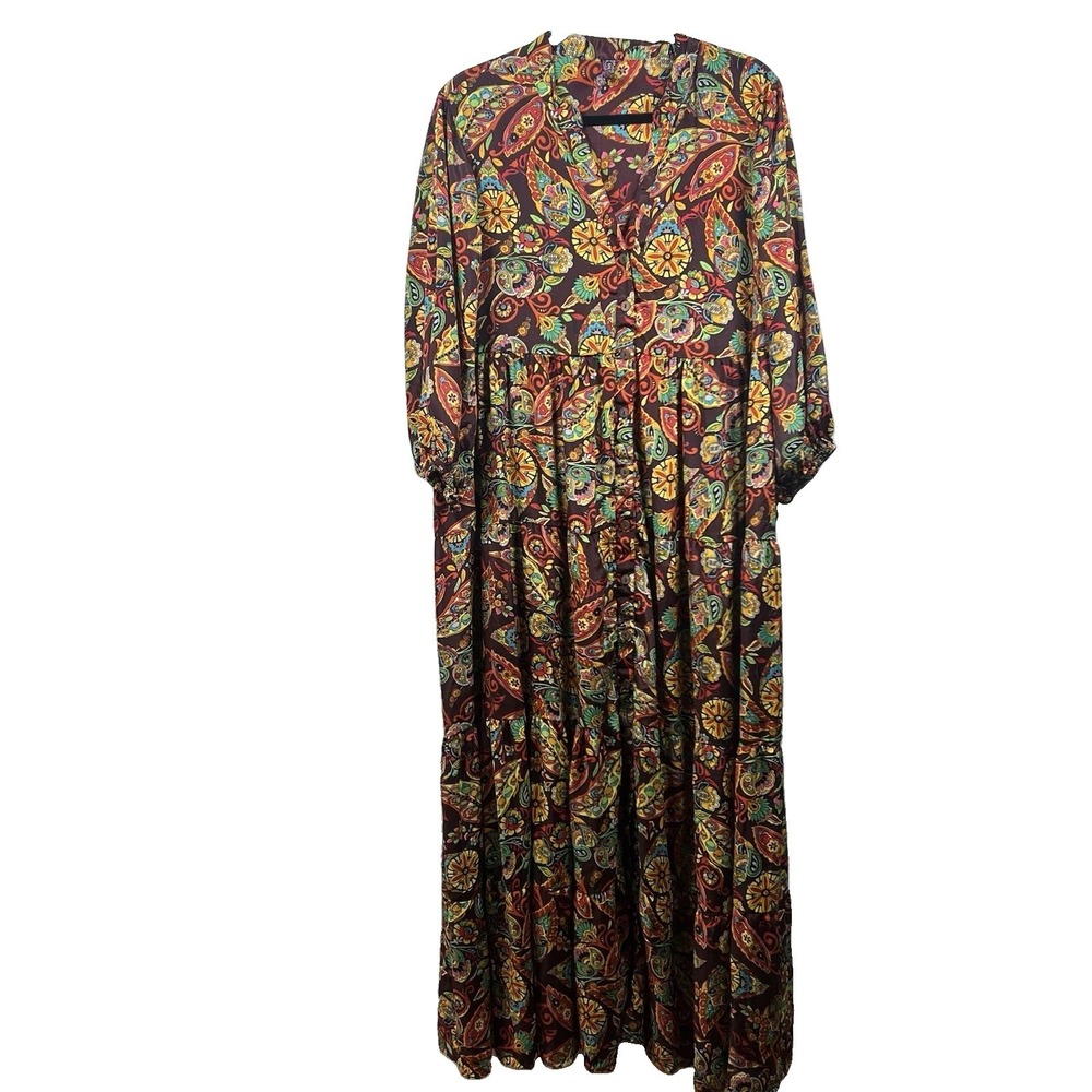 Me 2 Magic Dress Womens XL Paisley Boho Maxi Pink Blue Flutter Sleeve Tiered